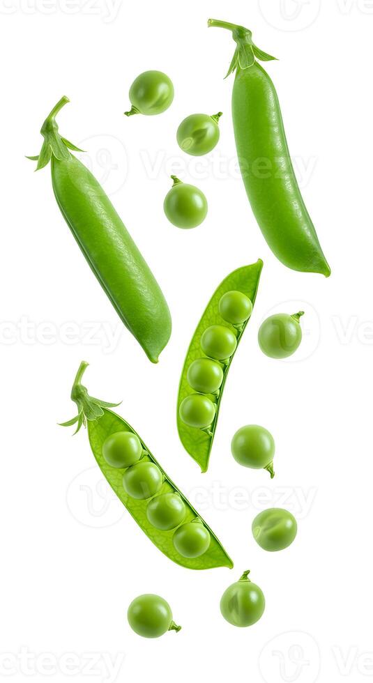 peas and pea pods flying down isolated on white background photo