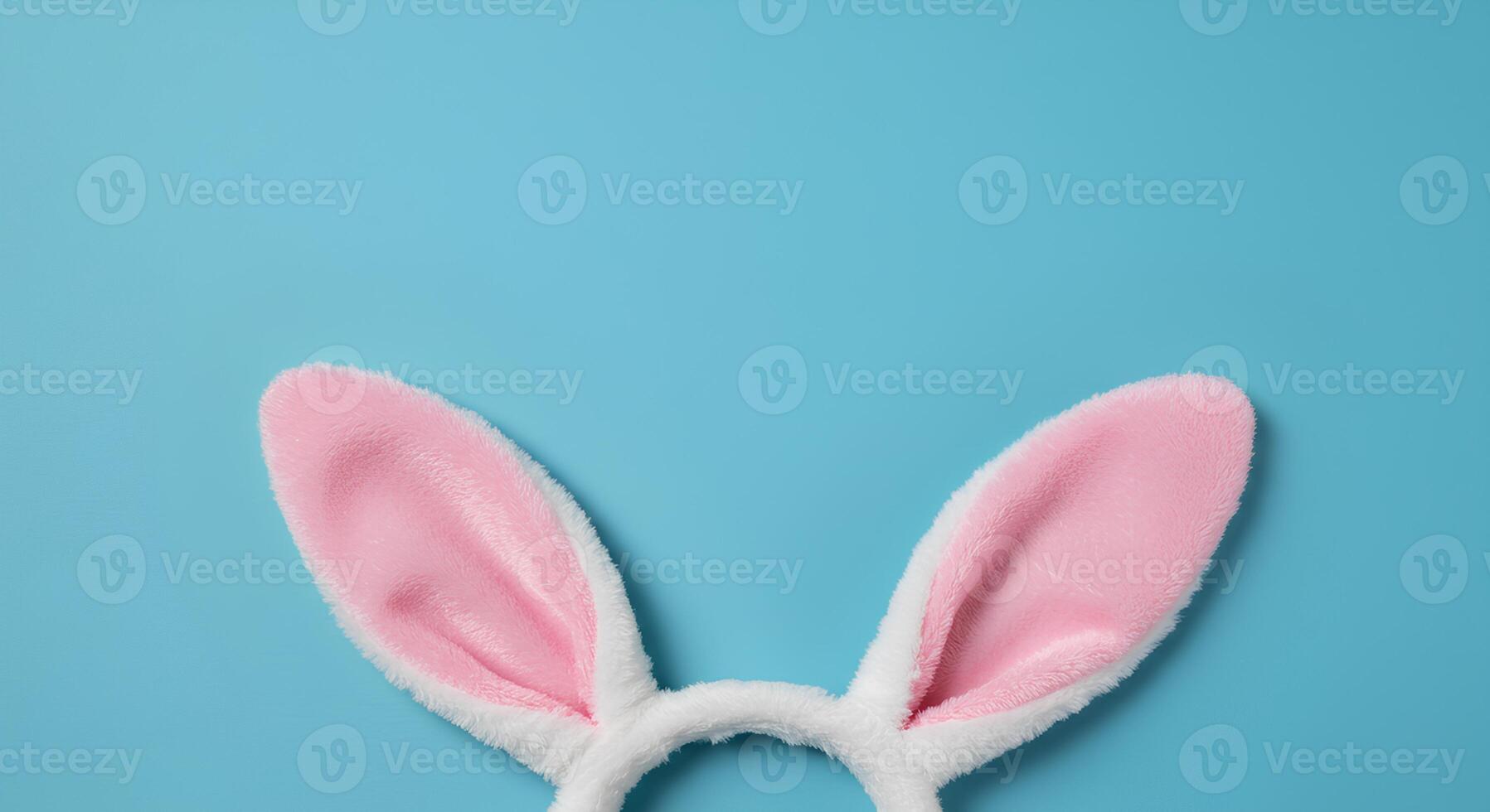 bunny ears on baby blue background for celebration of Easter holiday and the coming of spring season. Happy easter background with rabbit ears top view flat lay. Easter holiday celebration photo