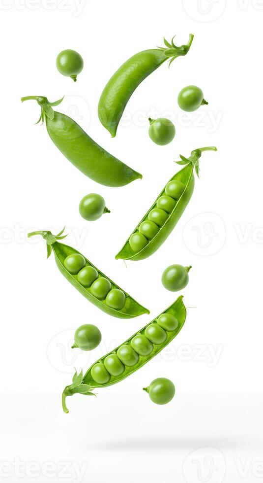 fresh green peas. Pea pods and peas falling down on white background . peas vegetable isolated on white bg. organic and fresh peas flying photo