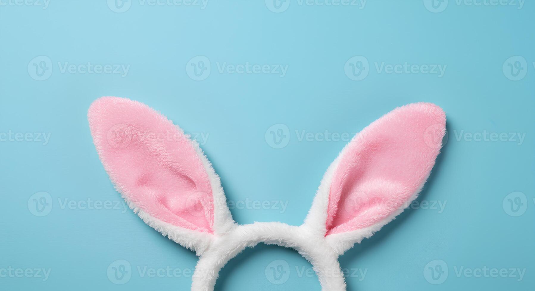 Bunny Ears on Baby Blue Background for Easter Celebration. Playful and festive rabbit ears set against a soft pastel blue background photo