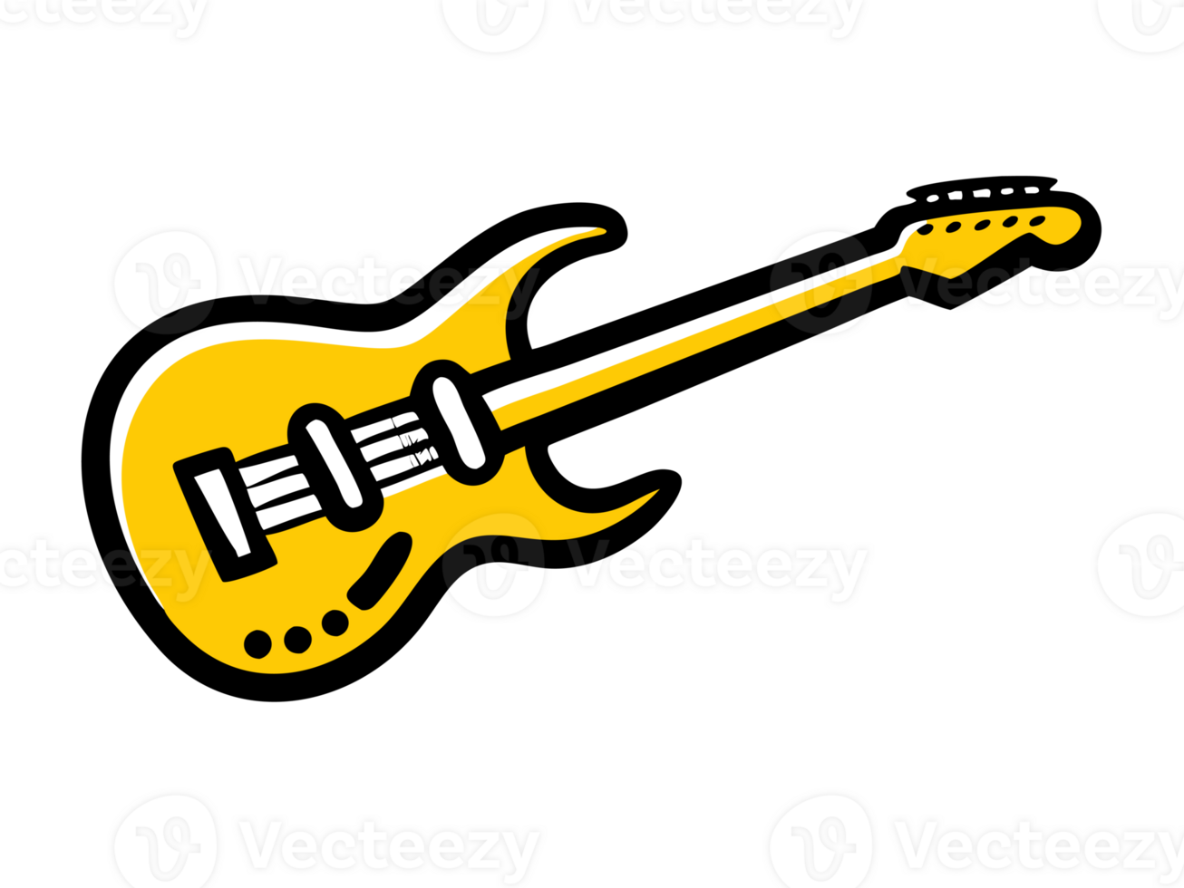 A stylized electric guitar is depicted with a bold, curvy design and a predominantly yellow color accented with black outlines cutouts png