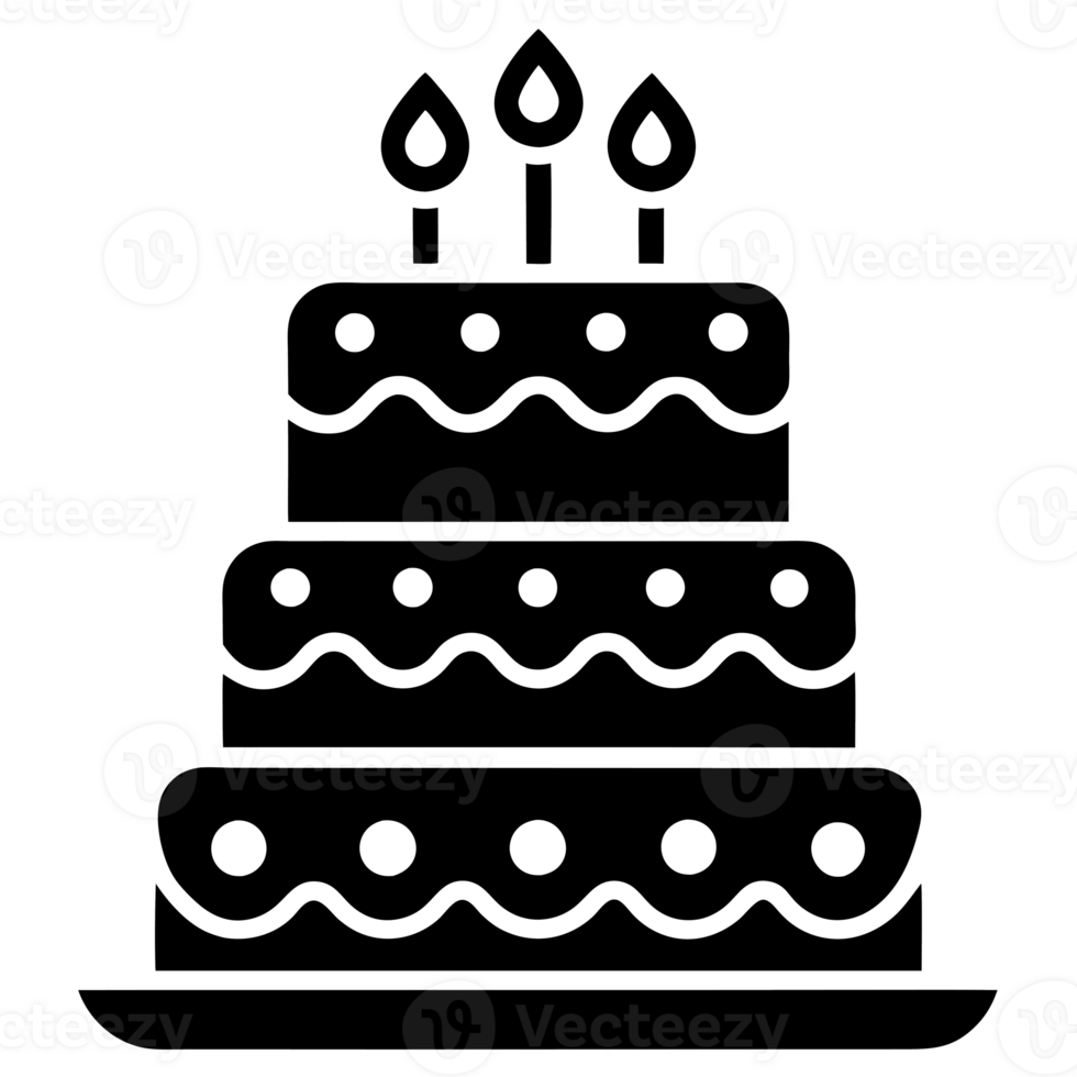 A tiered birthday cake is adorned with three lit candles on top. cutouts png