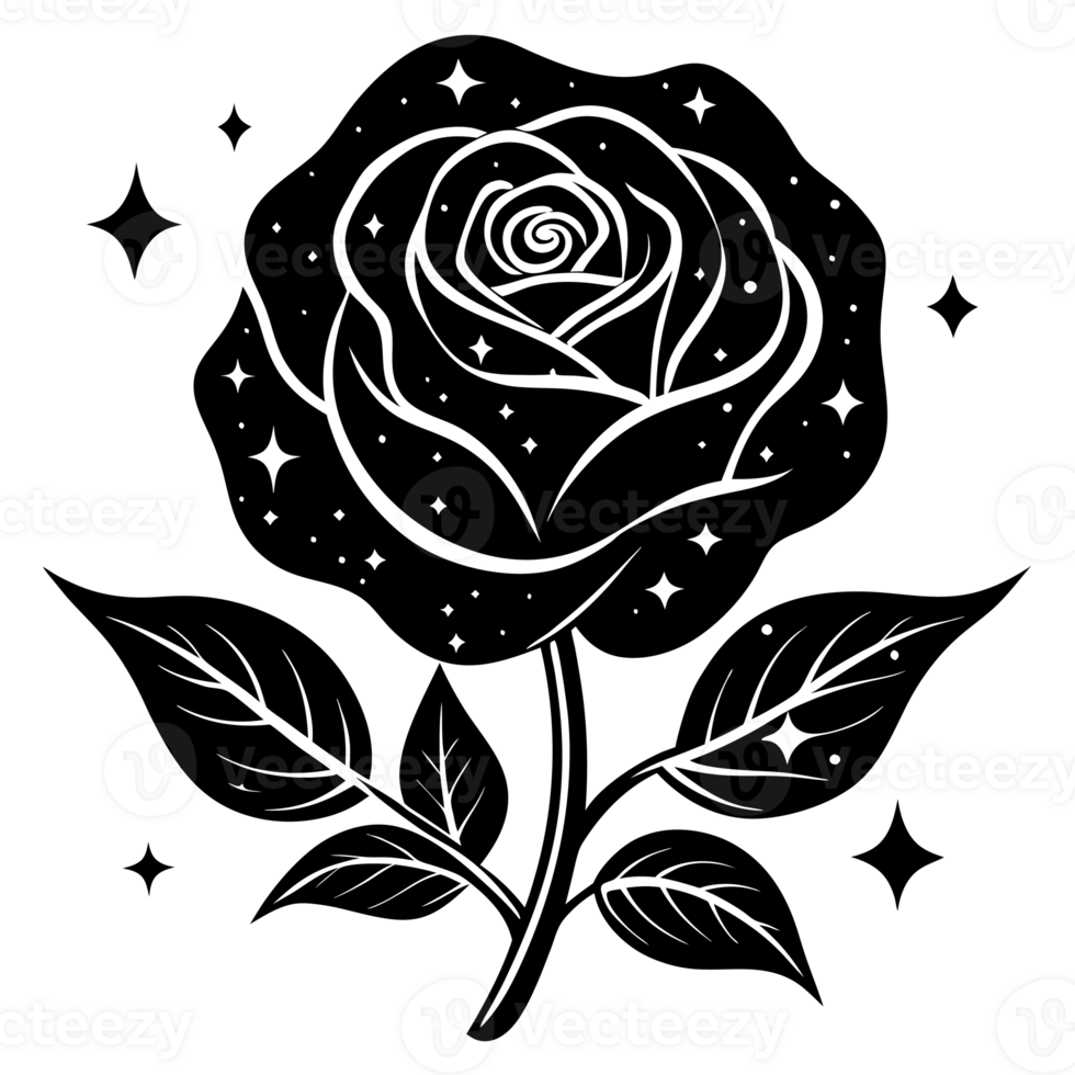 A stylized black rose with stars and sparkling elements intertwined within the petals cutouts png