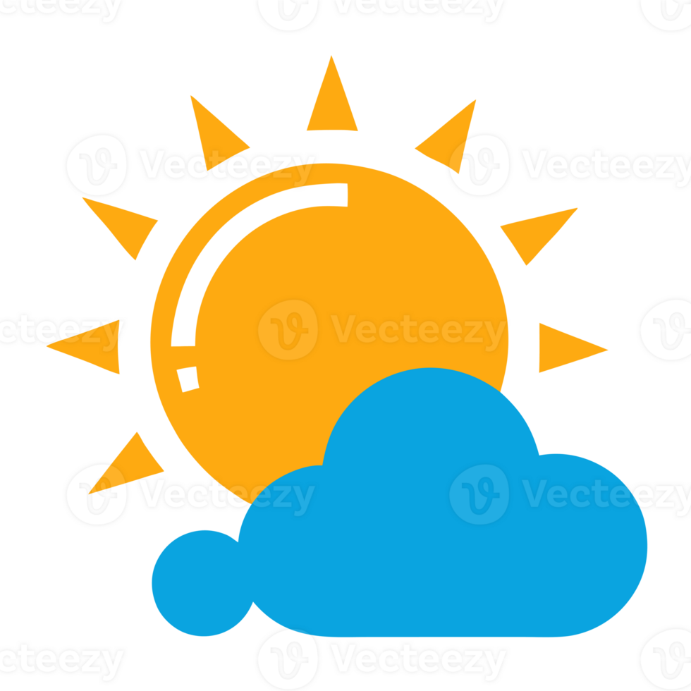 A bright yellow sun partially obscured by a fluffy blue cloud creates a cheerful weather symbol. cutouts png