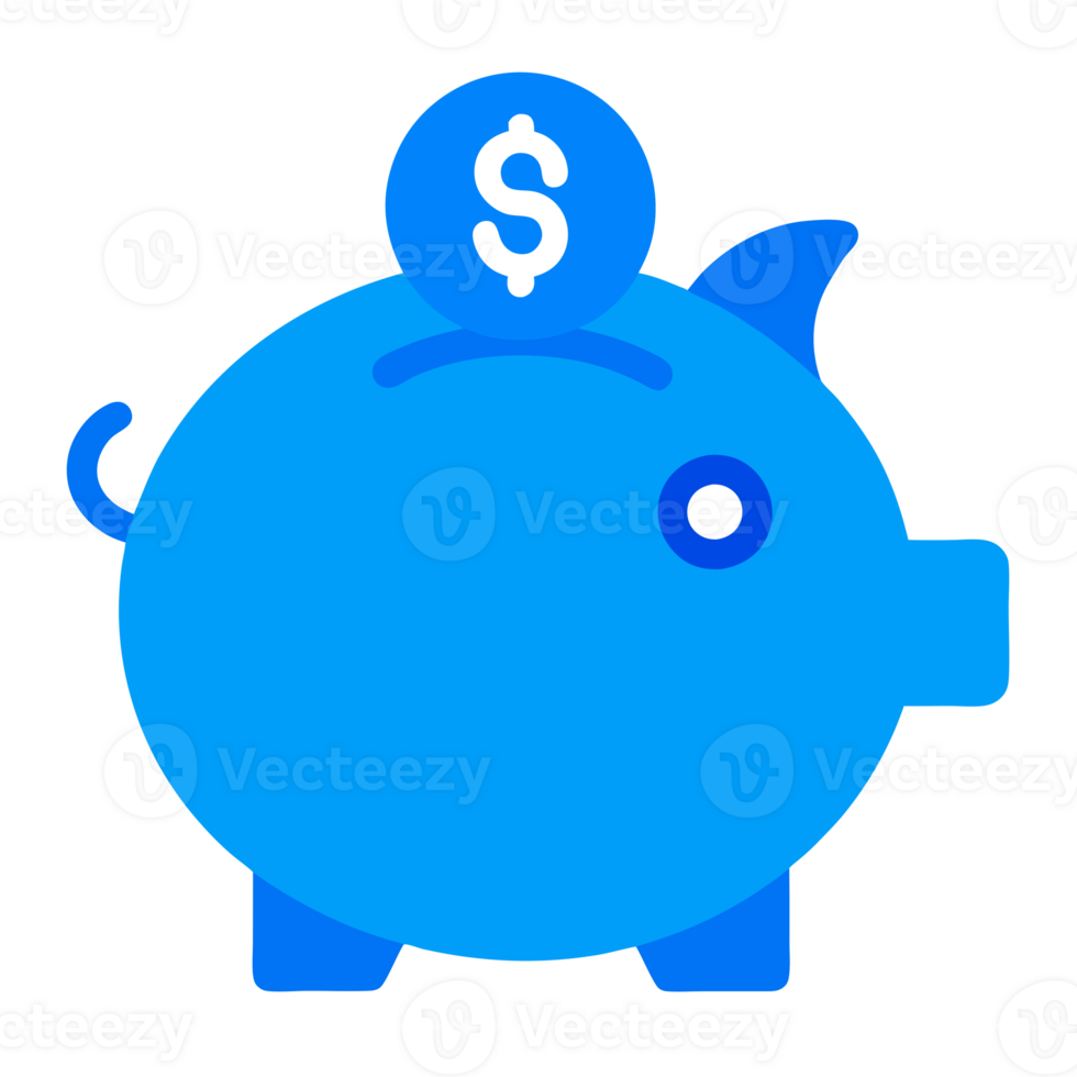 A blue piggy bank with a coin marked with a dollar sign is depicted in a minimalist style. cutouts png