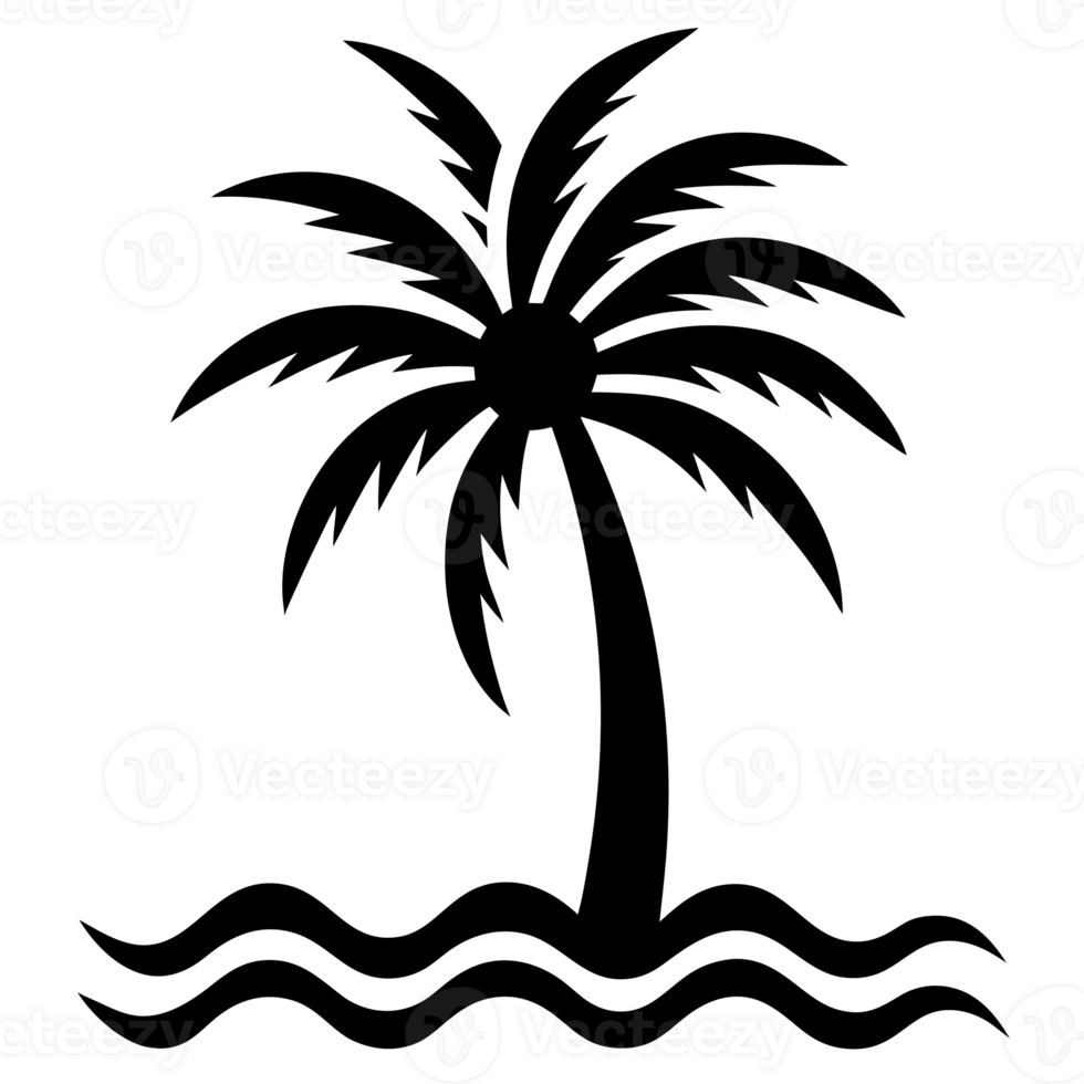 A black silhouette of a palm tree stands on wavy lines that suggest water cutouts png