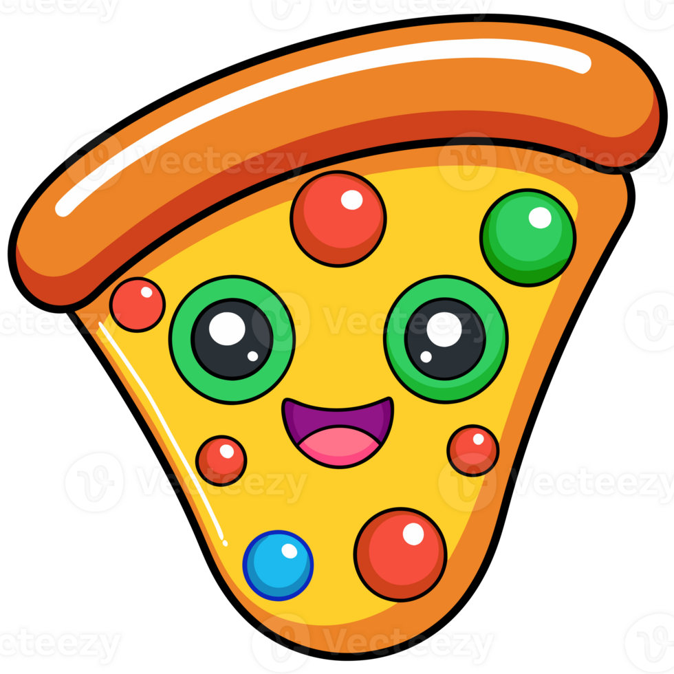 A slice of cartoon-style pizza features a cheerful face with large, expressive eyes and a wide smile cutouts png