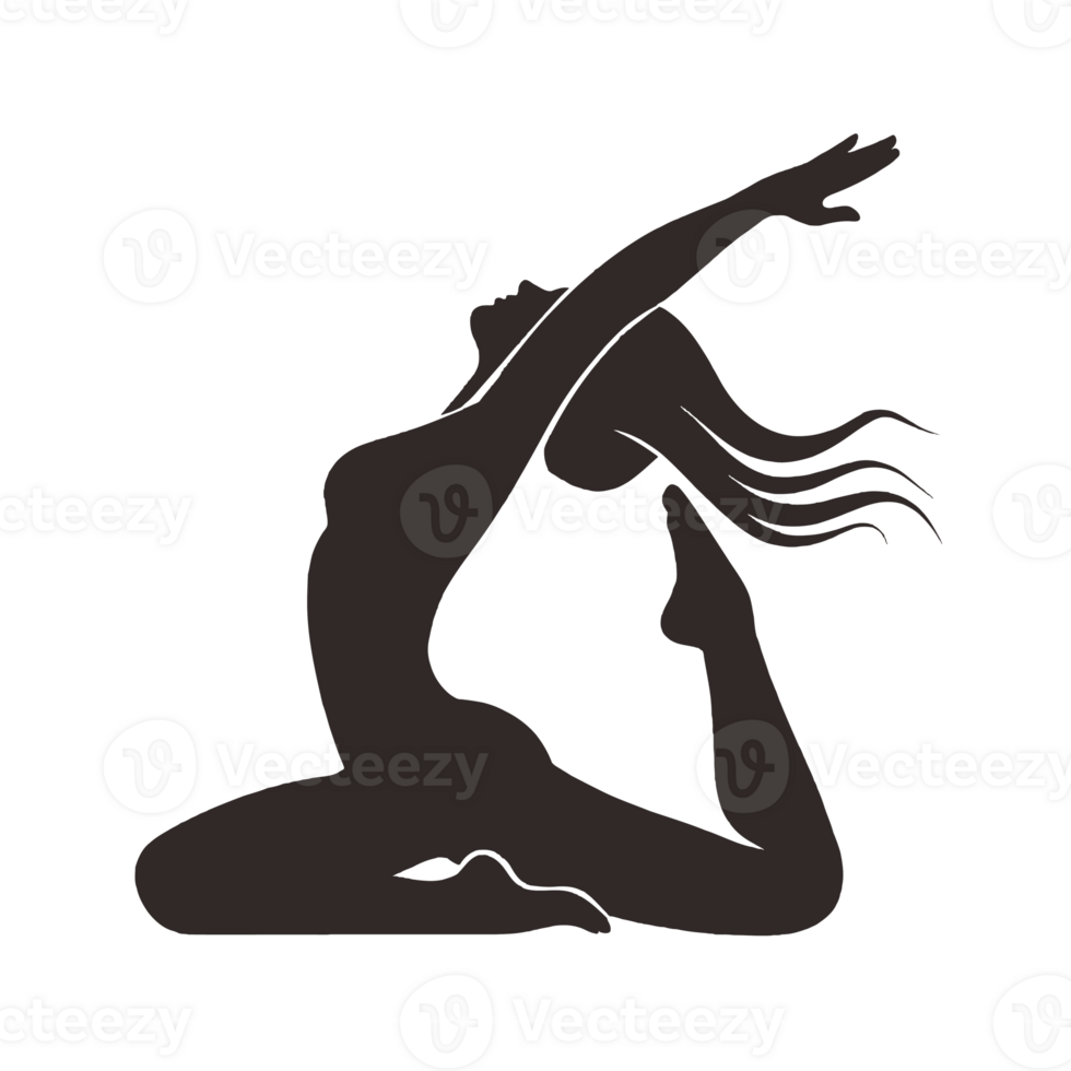 A silhouette depicts a person gracefully performing a yoga pose, arching their back with arms extended above while balancing on one knee. cutouts png
