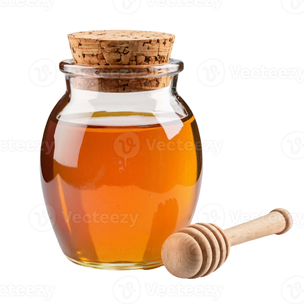 A glass jar filled with golden honey is sealed with a cork lid, and a wooden honey dipper lies beside it cutouts png