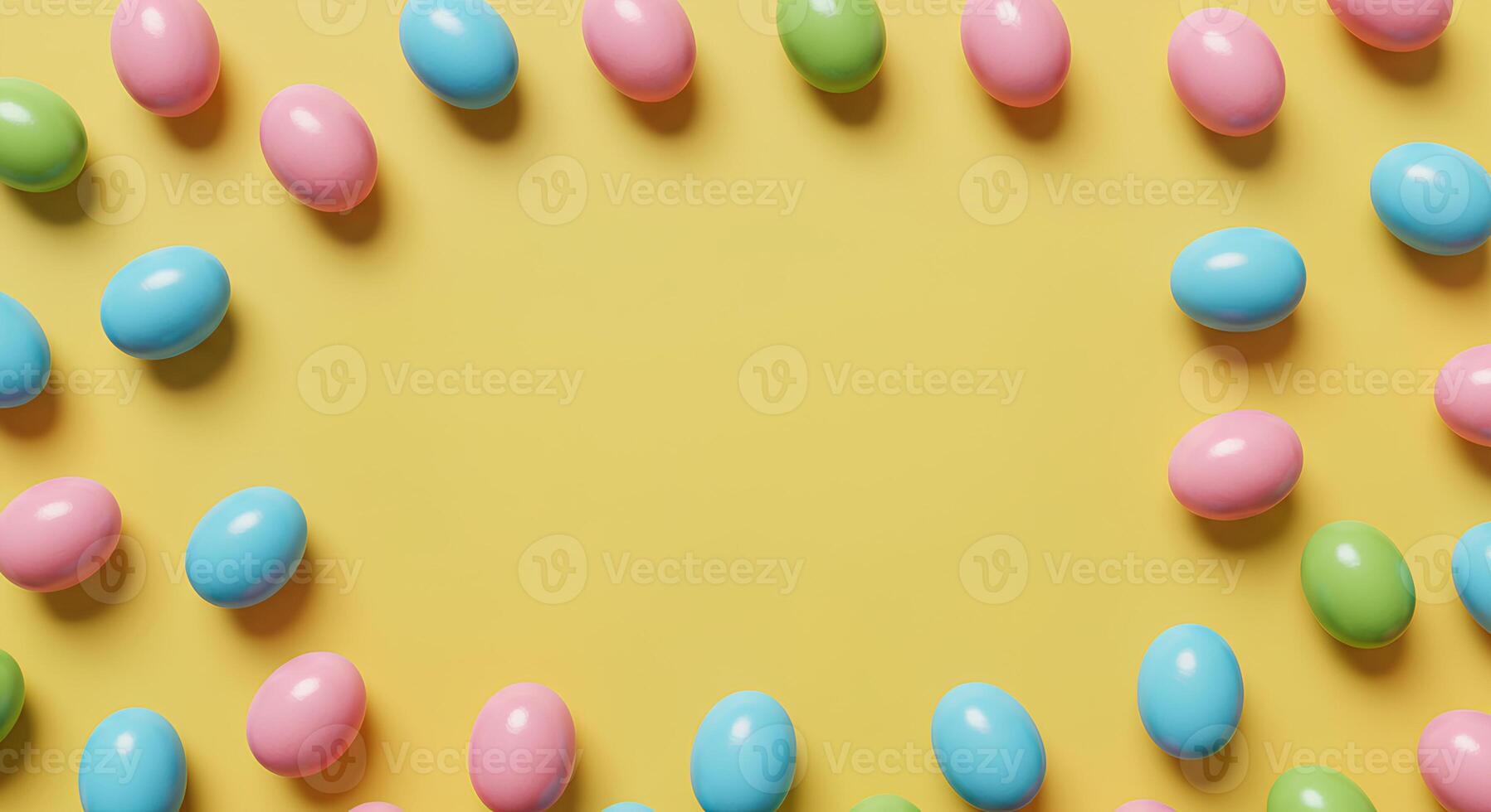 Easter Egg Frame on Light yellow Background. Bright and Colorful Easter Eggs Arranged for Holiday Designs. Ideal for banners, greeting cards, and digital marketing photo