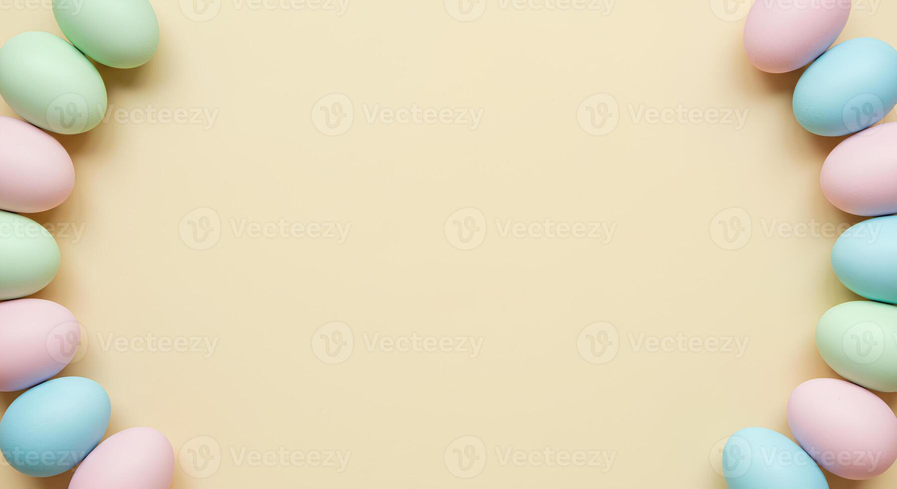Happy Easter Background with Colorful Eggs. Light yellow Spring-Themed Flat Lay for Easter Celebrations. A vibrant and fun design for holiday promotions and seasonal content photo