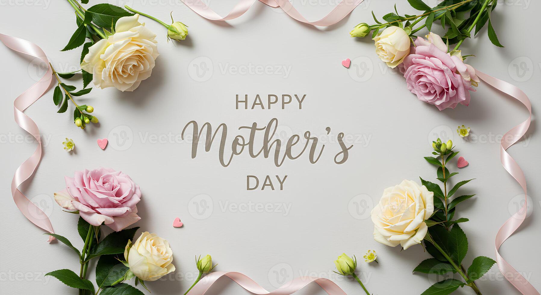 Happy Mother's Day flat lay with blooming flowers and heartfelt elements. Mother's Day background with flower border frame in celebration of mothers. Mother's Day flat lay background featuring florals photo