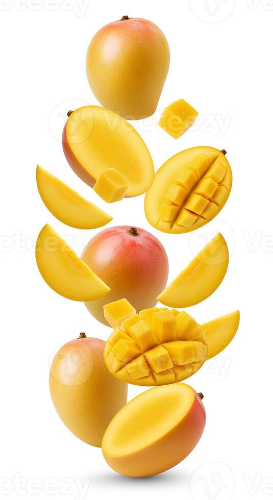 Fresh mango slices falling down on white background. Vibrant and juicy mango pieces isolated, perfect for healthy food designs photo