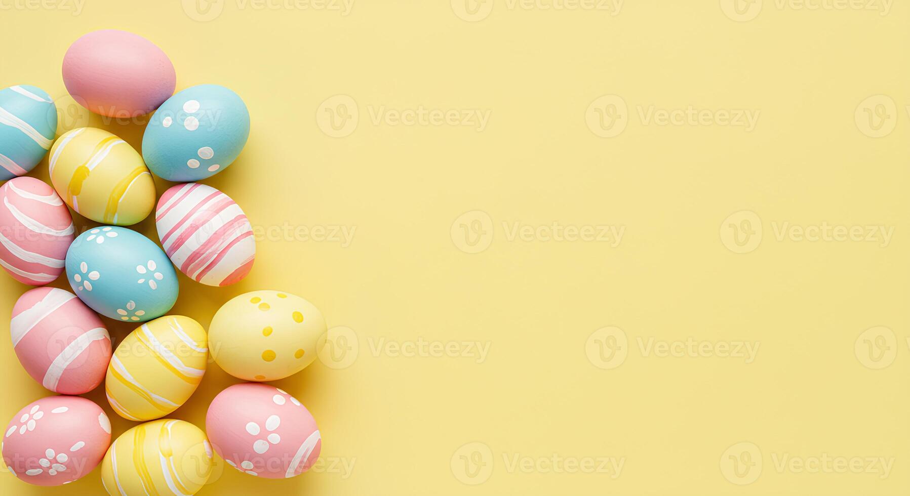 Colorful Easter Eggs Floating on Light yellow Background. Festive and Joyful Easter-Themed Decoration. Great for social media posts, website visuals, and promotional content photo