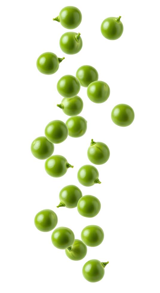 peas isolated on white background in cascading movement photo