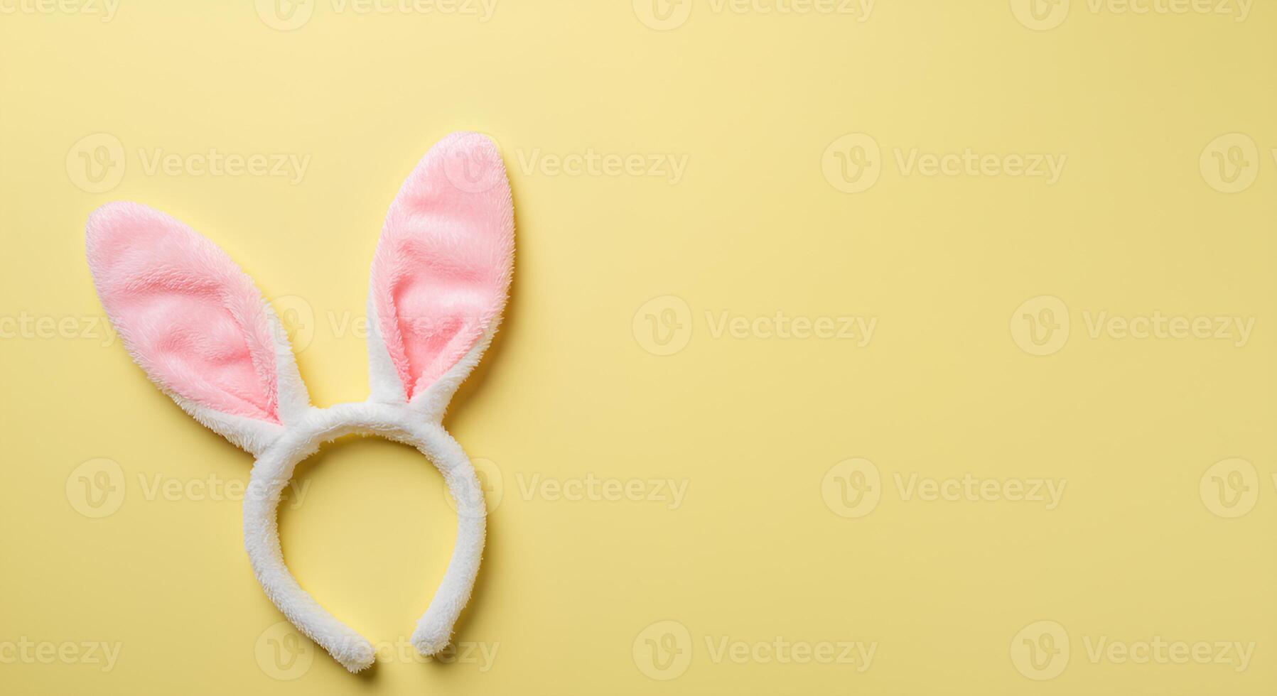 Happy Easter Bunny Ears on Pastel Yellow Background. A minimalist flat lay with bunny ears representing the Easter holiday, springtime joy, and festive renewal photo