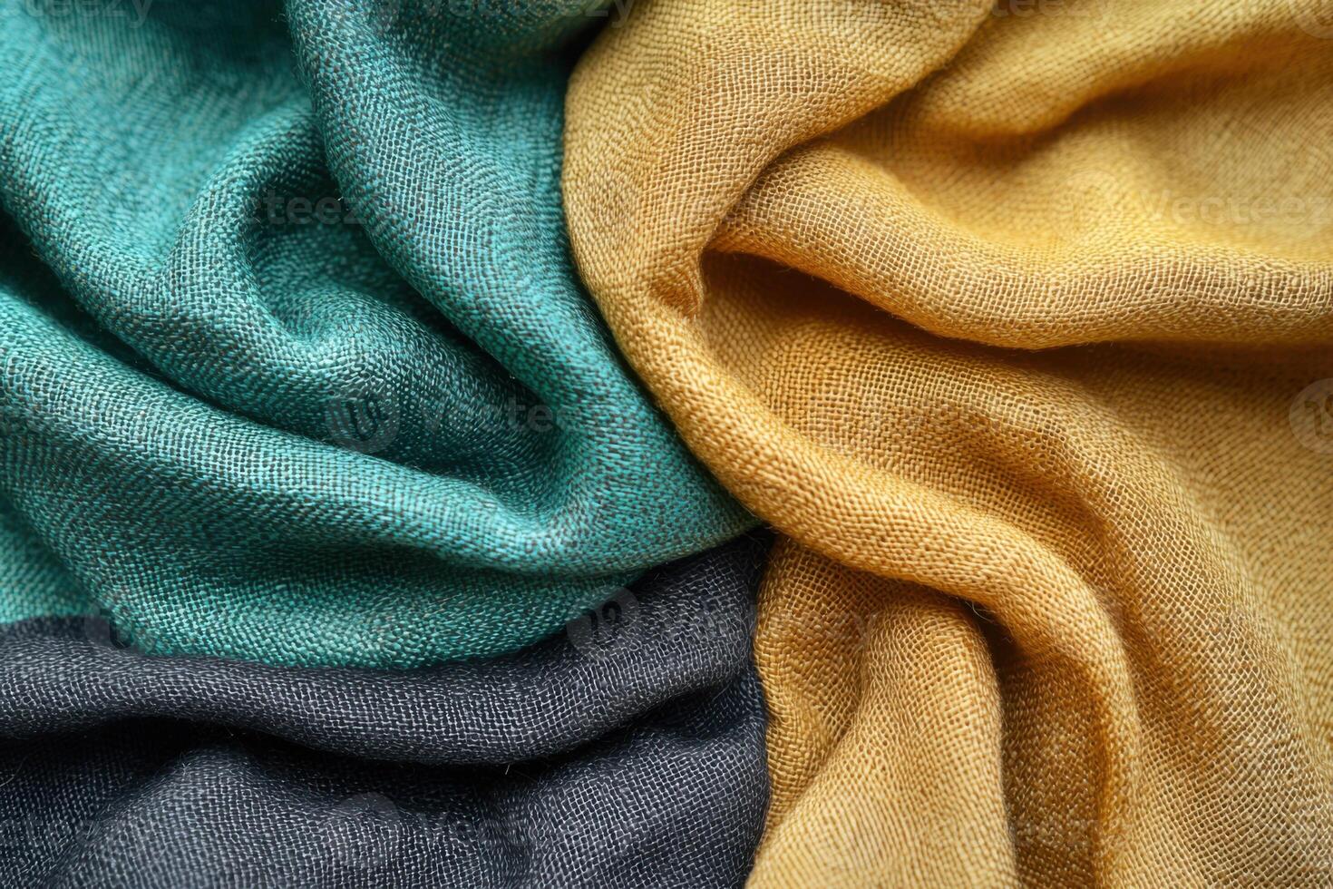 Soft, textured fabric in teal, yellow, and gray colors, creating vibrant look photo