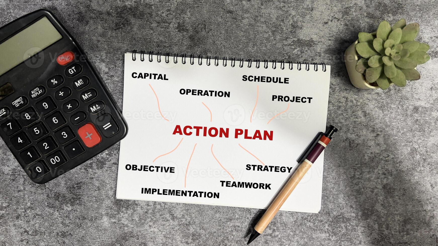 Concept of Action Plan write on book with keywords isolated on Wooden Table. photo