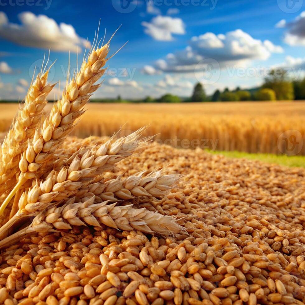 Wheat swaying gently in a sunlit field, showcasing the golden grains ready for harvest. photo