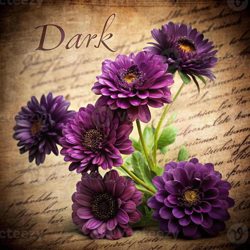 Purple flowers elegantly arranged against a rich brown background, creating a striking visual contrast photo