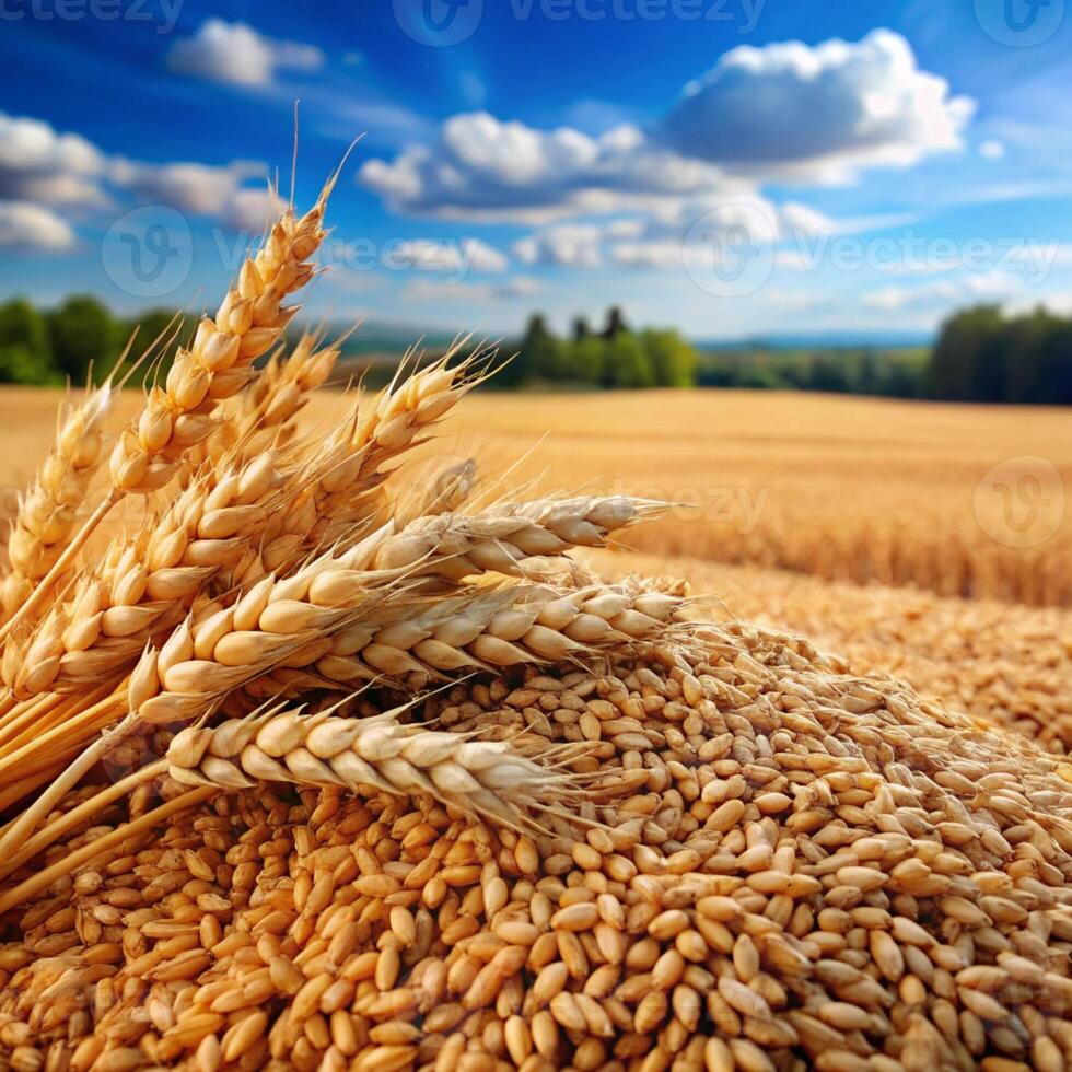 Wheat swaying gently in a sunlit field, showcasing golden grains ready for harvest photo