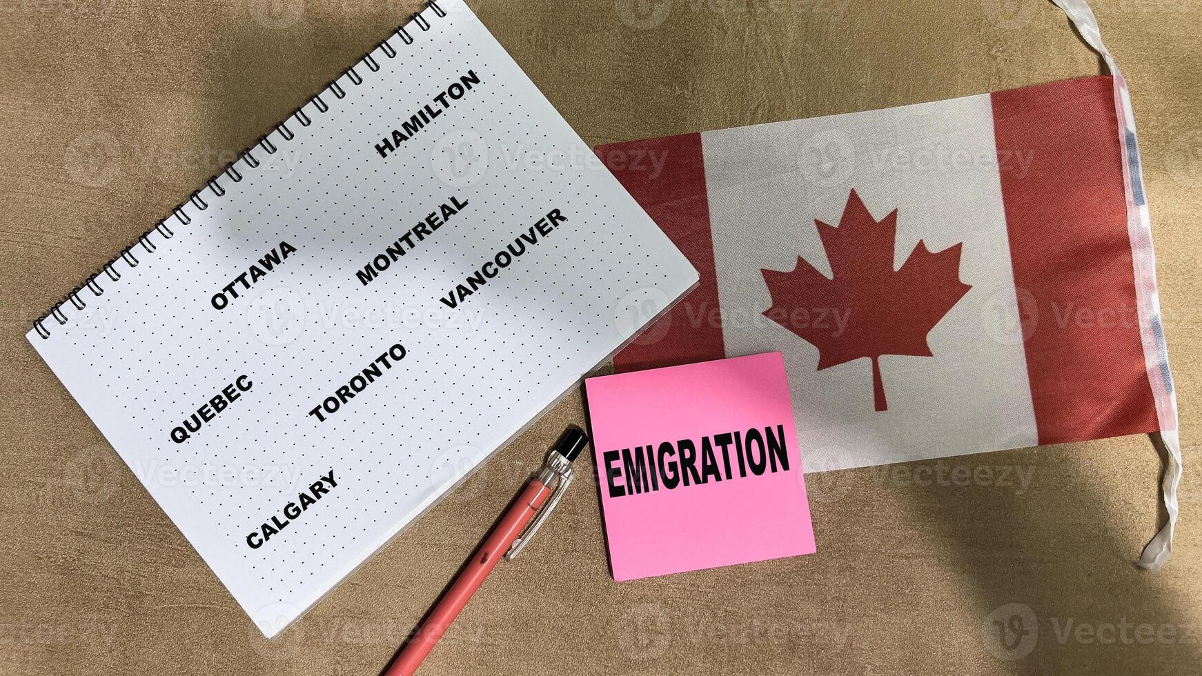 Concept of Emigration write on sticky notes and Flag of the Canada isolated on Wooden Table. photo