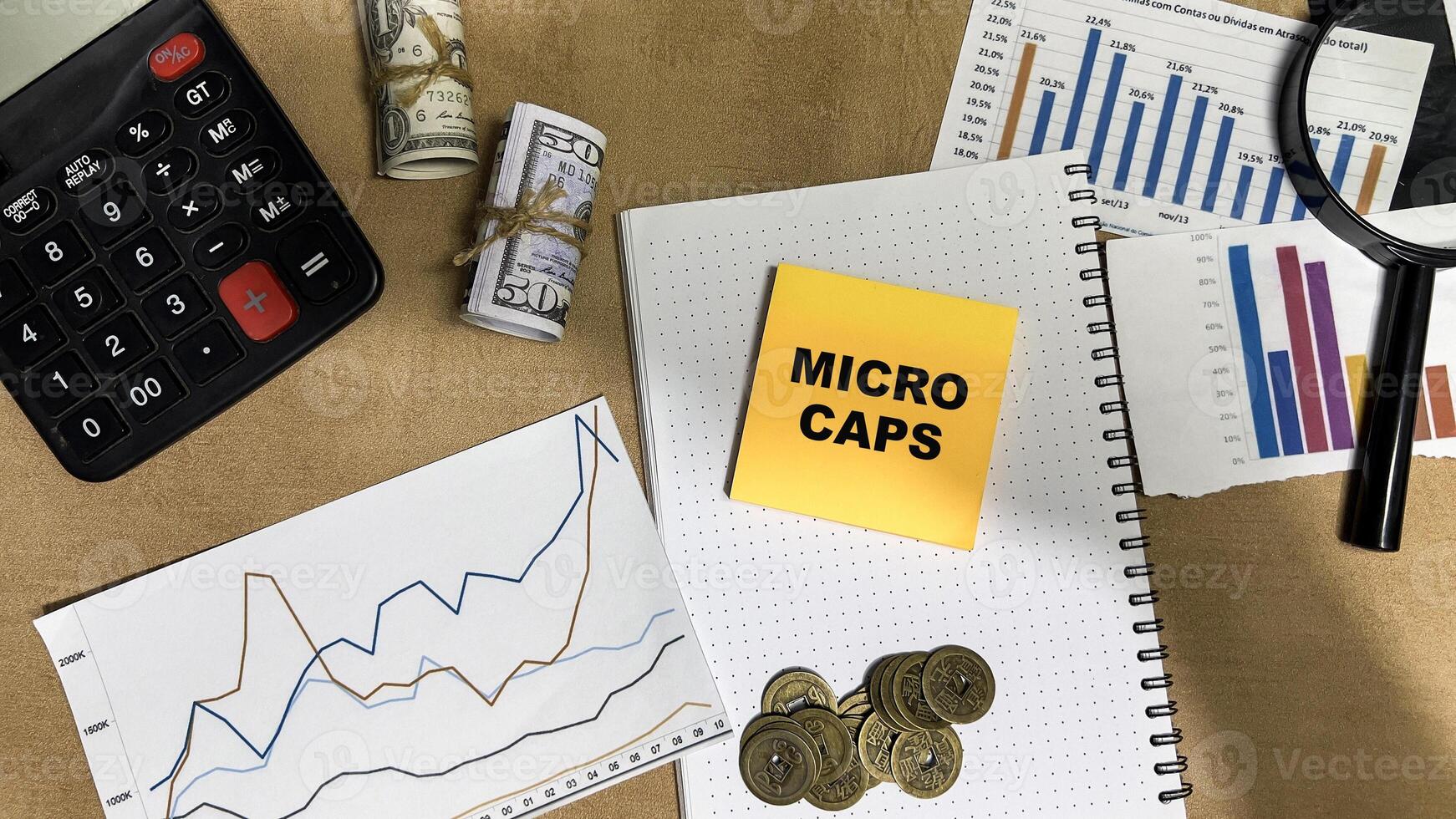 Concept of Micro Caps write on sticky notes isolated on Wooden Table. photo