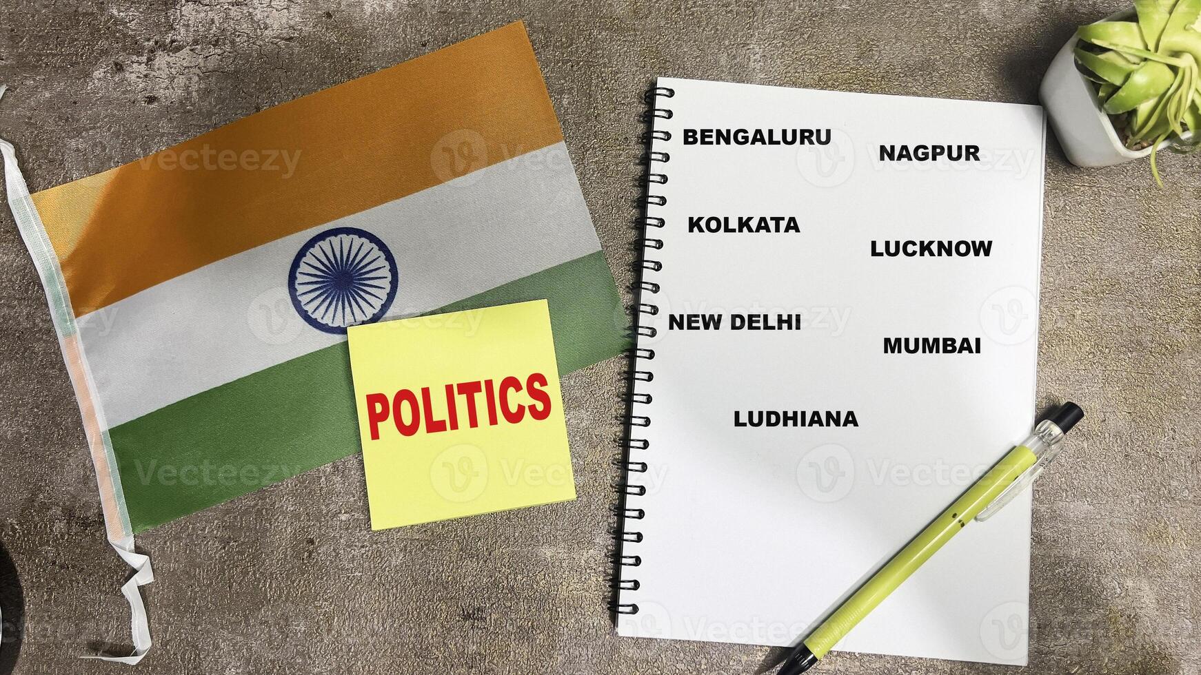 Concept of Politics write on sticky notes and Flag of the India isolated on Wooden Table. photo