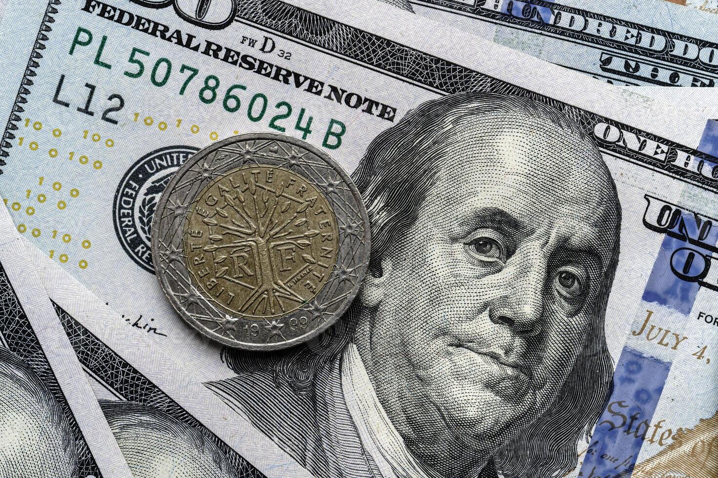 A close up of a one dollar coin and a hundred dollar bill photo