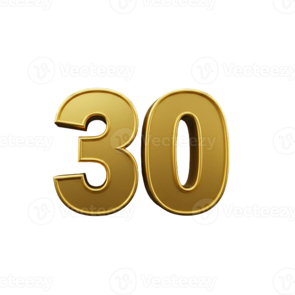 The number thirty in gold 3d design png