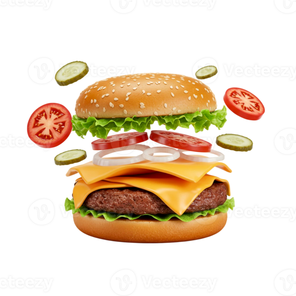 A hamburger with cheese, tomatoes and onions png