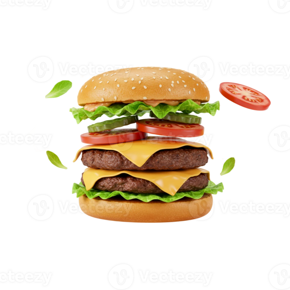 A hamburger with cheese, lettuce and tomatoes png