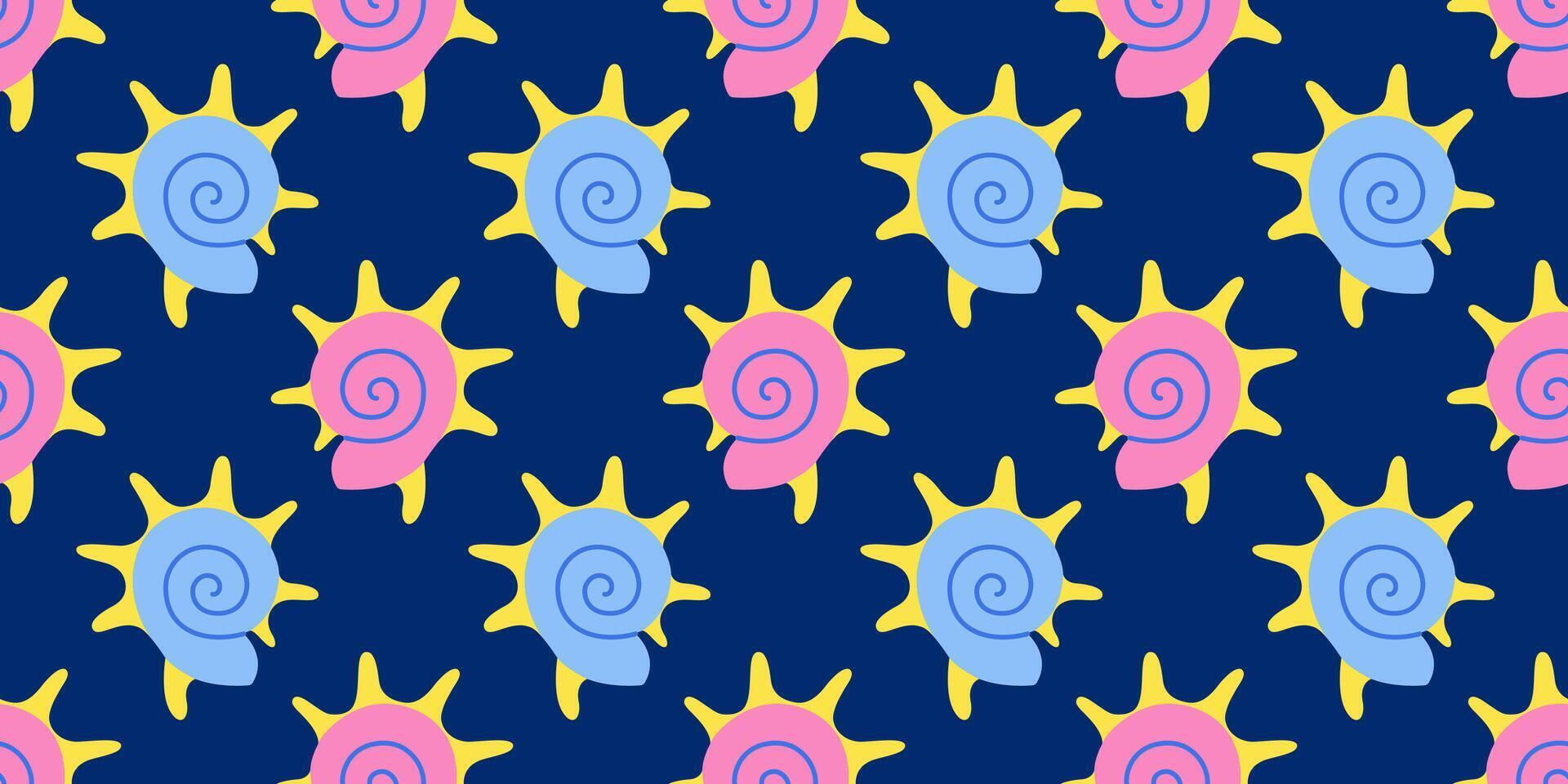 Seamless pattern with blue and pink sea shells Hand drawn trendy flat style seashell. Tropical beach shells. Summer seamless pattern illustration vector