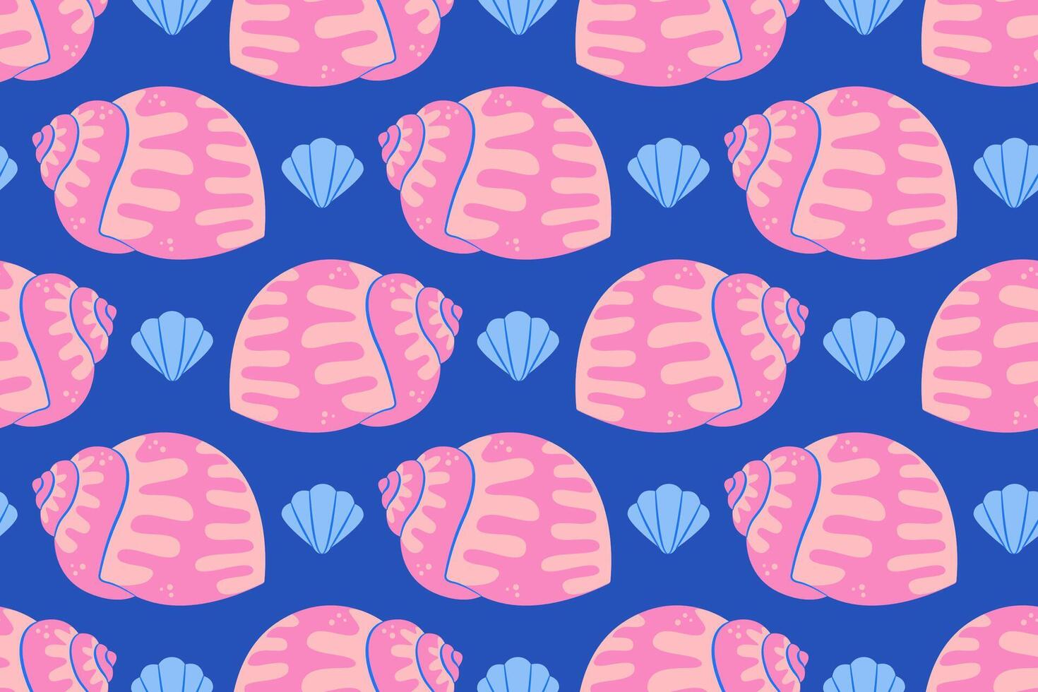 Seamless pattern with blue and pink sea shells Hand drawn trendy flat style seashell. Tropical beach shells. Summer seamless cute pattern vector