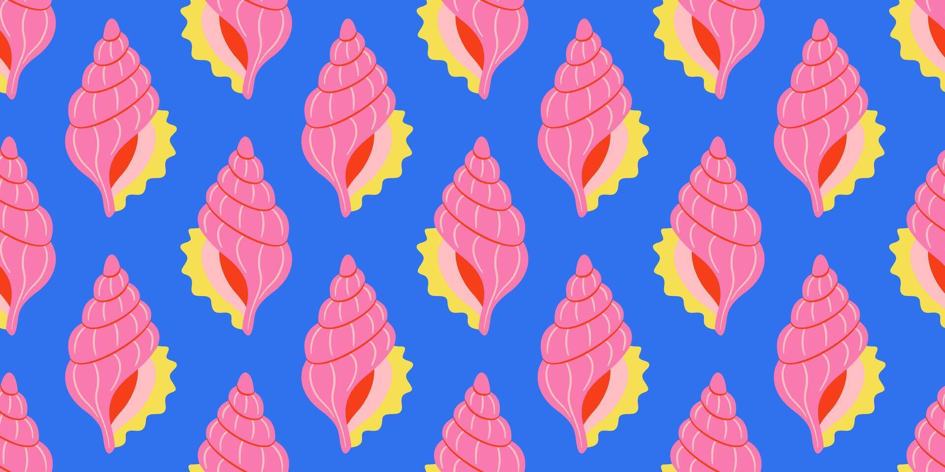 Seamless pattern with pink and yellow sea shells Hand drawn trendy flat style seashell. Tropical beach shells. Summer cute seamless pattern vector