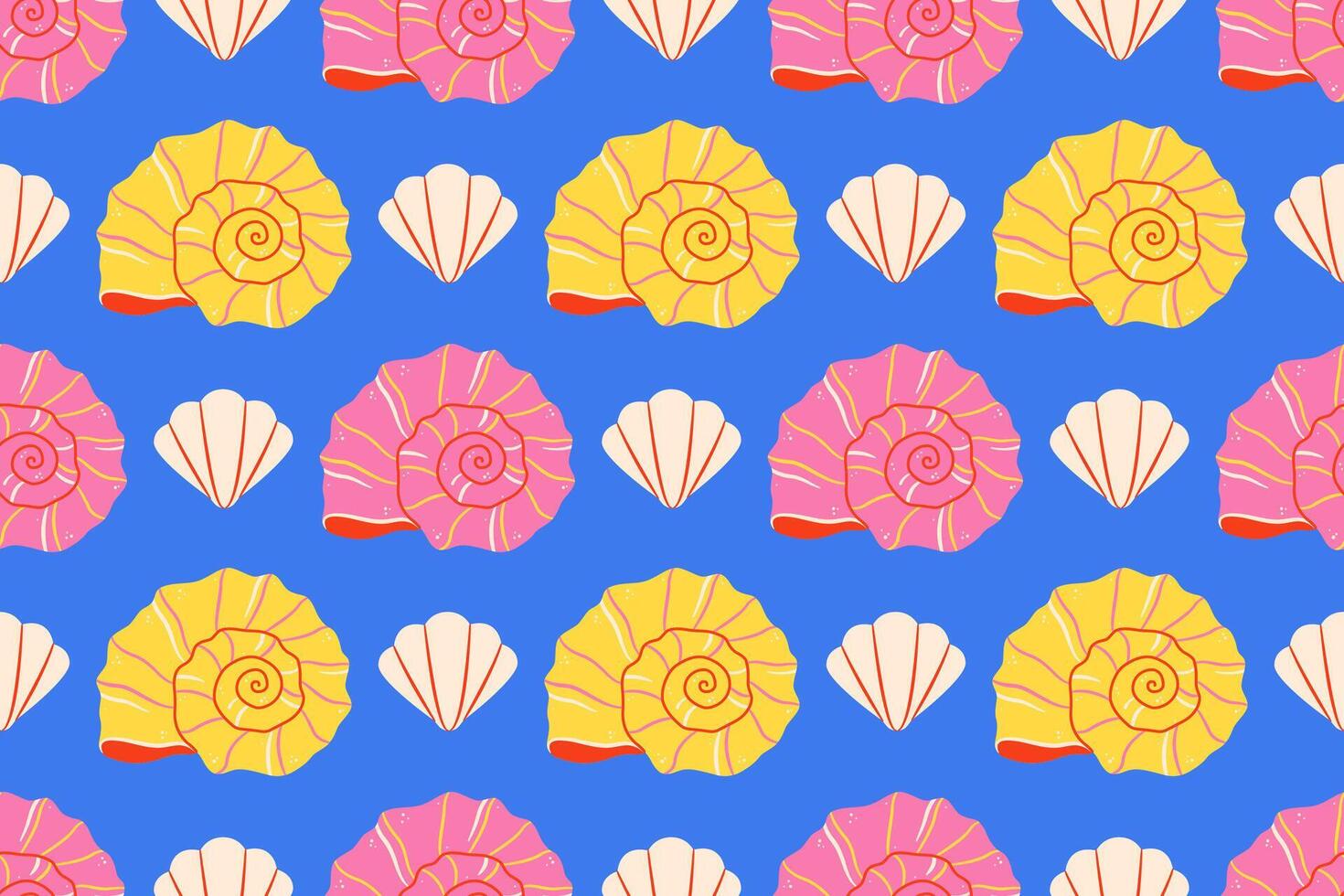 Seamless pattern with pink and yellow sea shells Hand drawn trendy flat style seashell. Tropical beach shells. Summer seamless pattern cheerful illustration vector