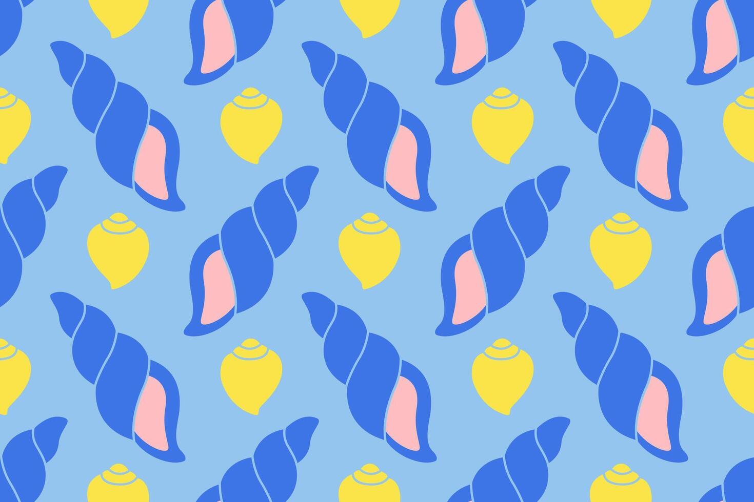 Seamless pattern with blue and yellow sea shells Hand drawn trendy flat style seashell. Tropical beach shells. Summer seamless pattern cheerful illustration vector