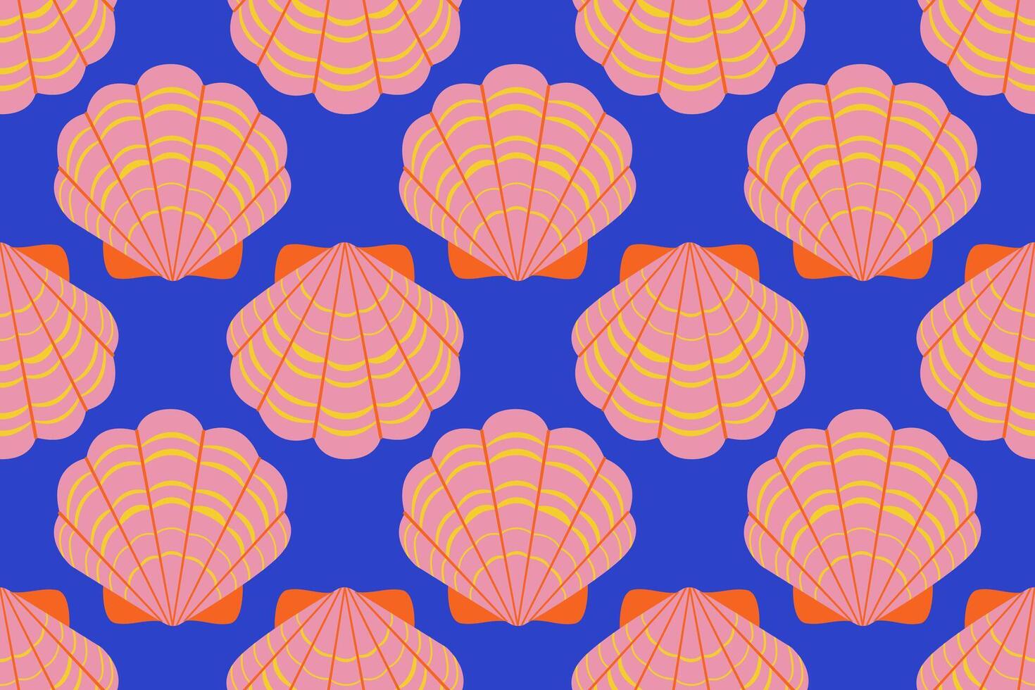 Seamless pattern with pink and orange sea shells Hand drawn trendy flat style seashell. Tropical beach shells. Summer seamless pattern. illustration vector
