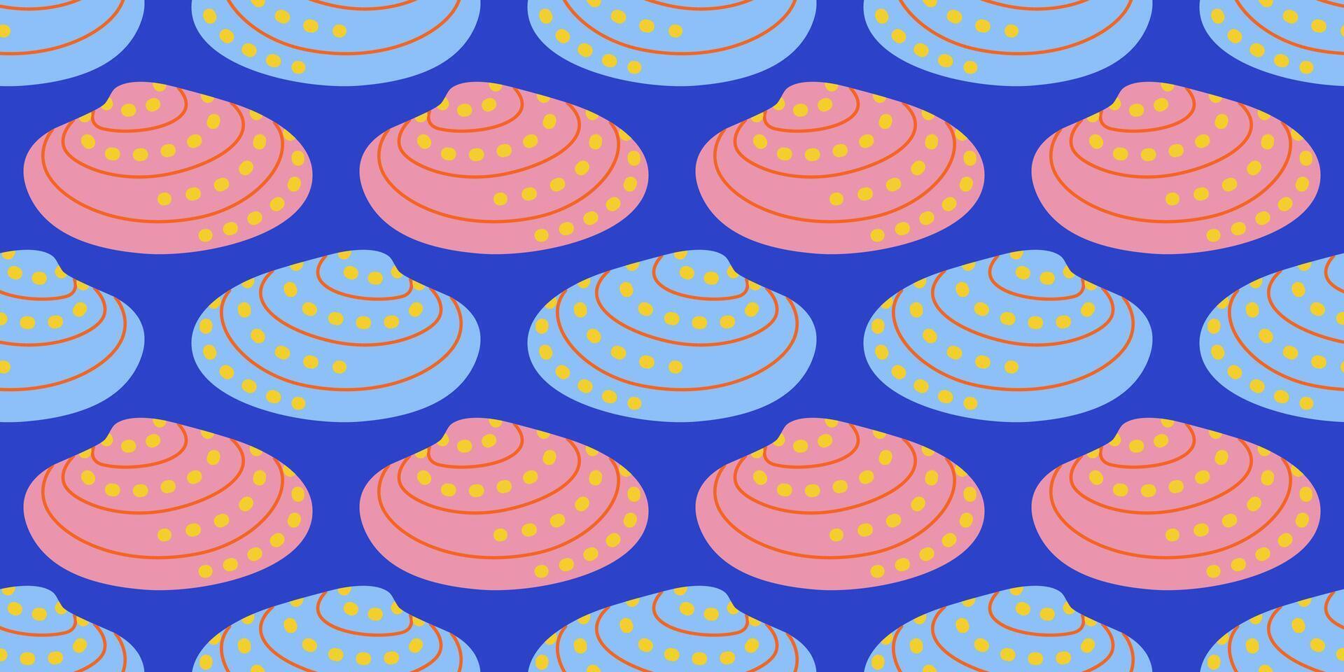 Seamless pattern with blue and pink sea shells Hand drawn trendy flat style seashell. Tropical beach shells. Summer seamless pattern vector