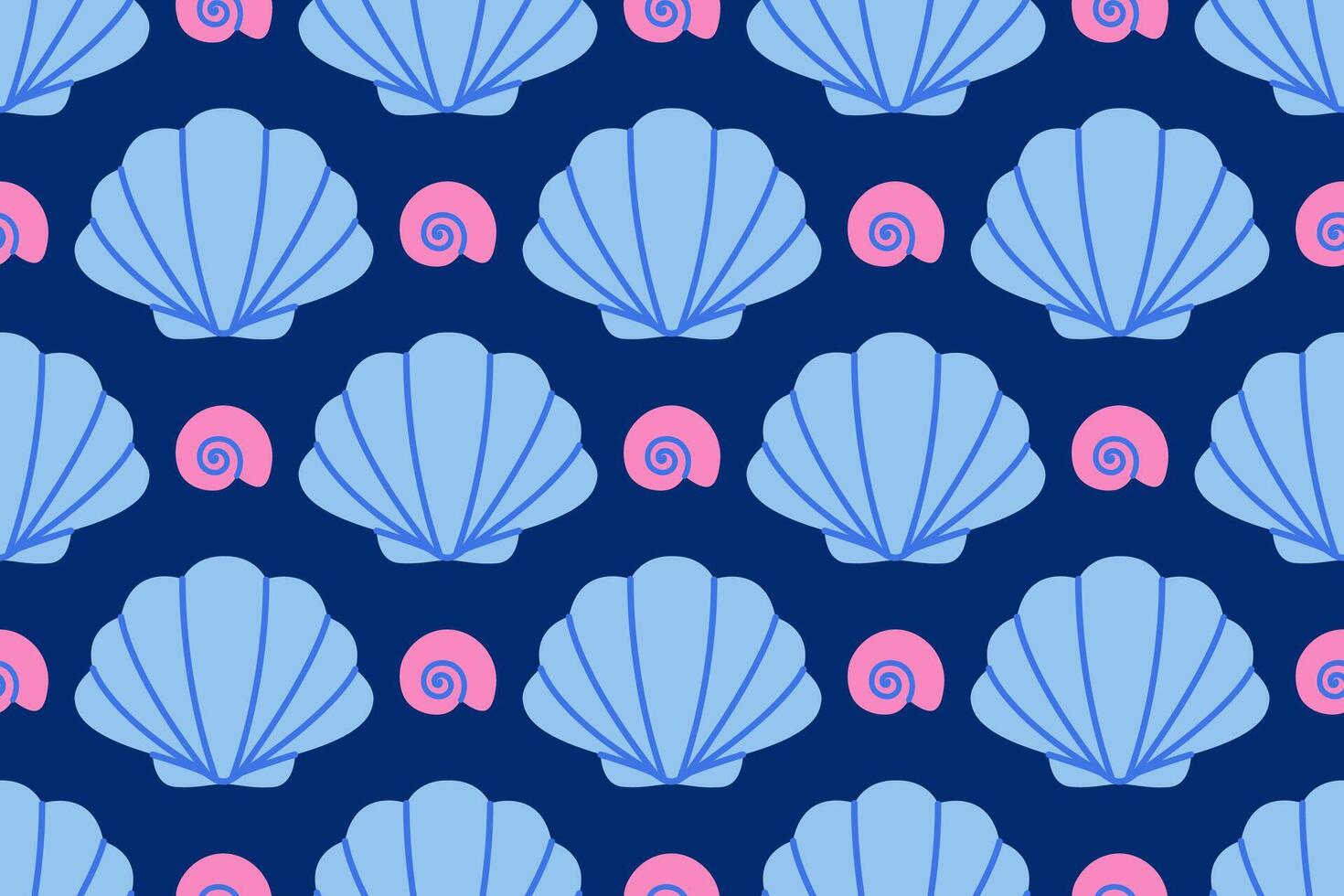 Seamless pattern with blue and pink sea shells Hand drawn trendy flat style seashell. Tropical beach shells. Summer shell seamless pattern vector