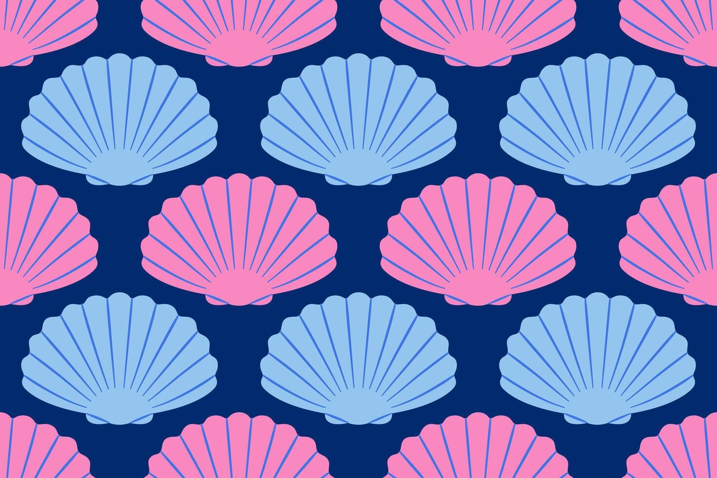 Seamless pattern with blue and pink sea shells Hand drawn trendy flat style seashell. Tropical beach shells. Summer seamless pattern cute illustration vector