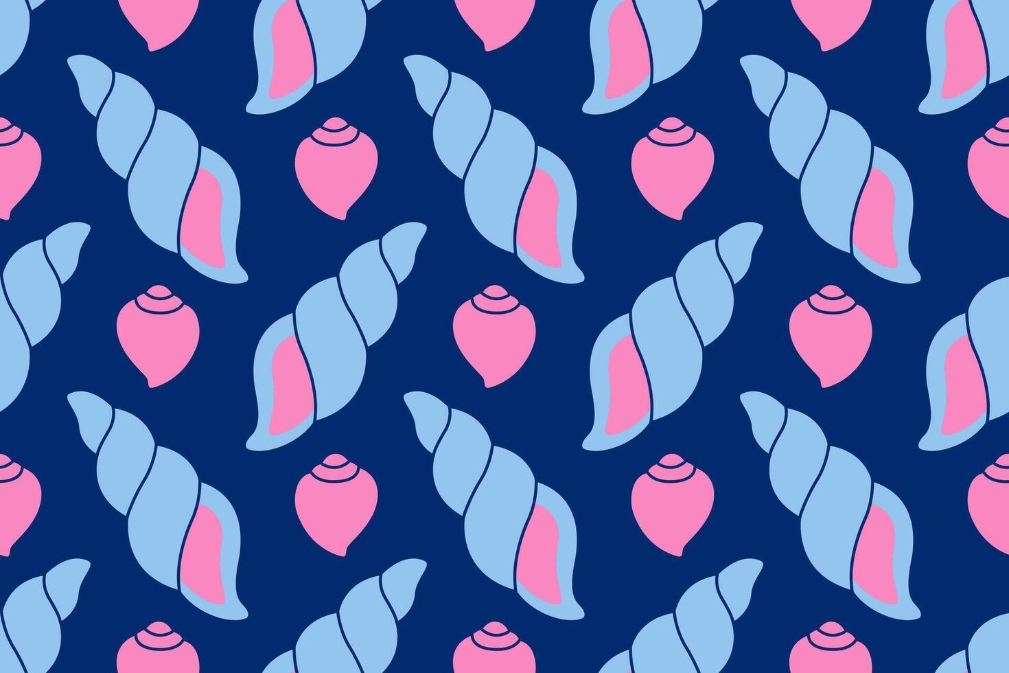 Seamless pattern with blue and pink sea shells Hand drawn trendy flat style seashell. Tropical beach shells. Summer shell seamless pattern cute illustration vector
