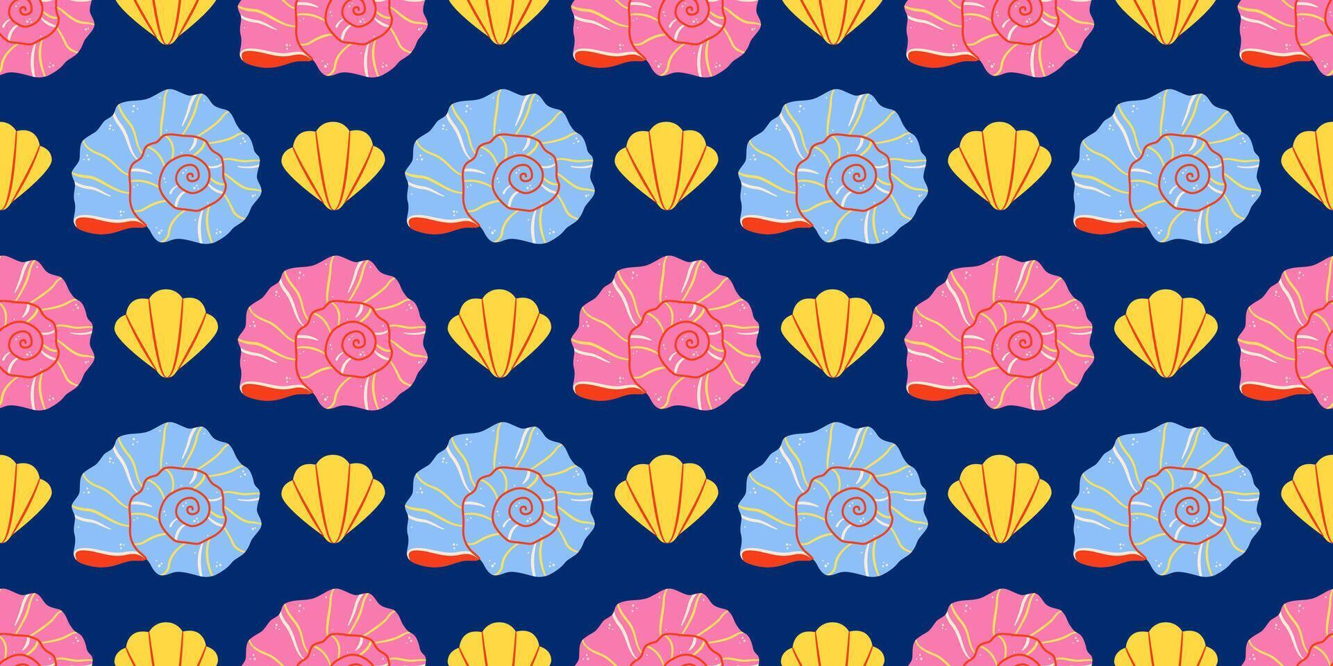 Seamless pattern with blue, pink and yellow sea shells Hand drawn trendy flat style seashell. Tropical beach shells. Summer seamless pattern cheerful illustration vector