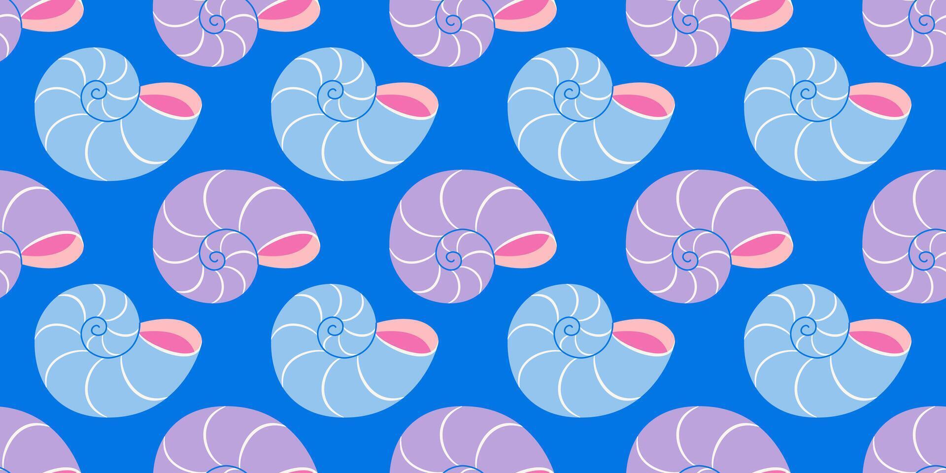Seamless pattern with blue and lilac seashells Hand drawn trendy flat style seashell. Tropical beach shells. Summer seamless pattern cheerful illustration vector