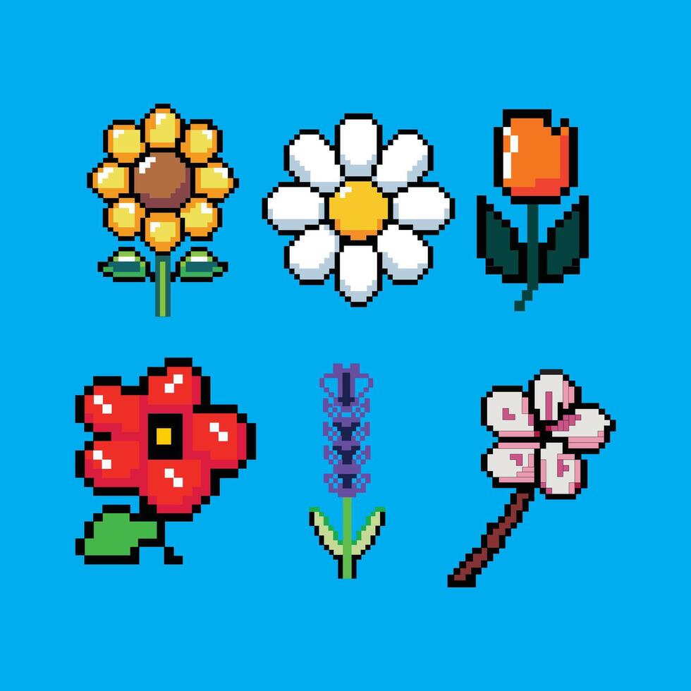 Retro Pixel Art Flower Pack with Colorful 8-Bit Style Icons vector