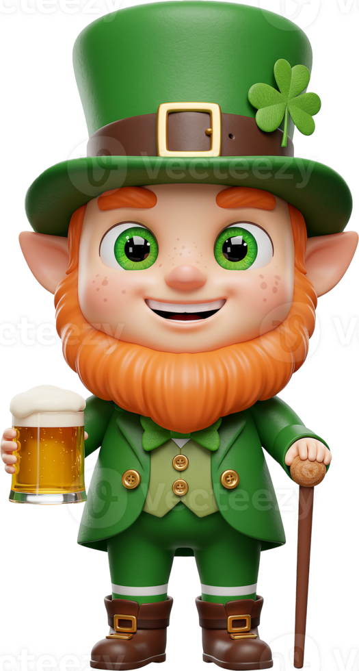 3D Cartoon Leprechaun holding beer, sant patrick day High Quality Transparent Background png
