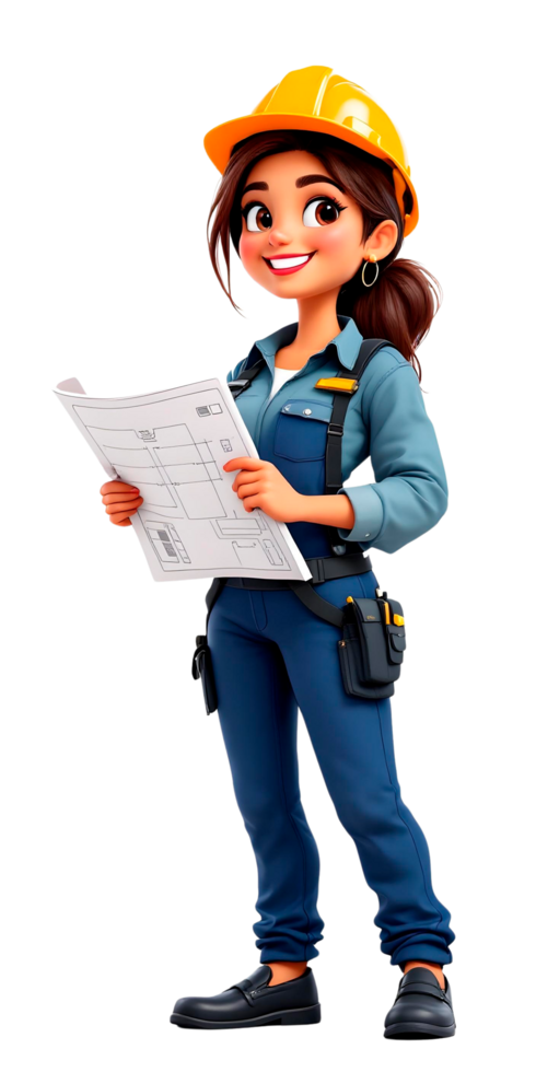 A female construction worker holding a blueprint png