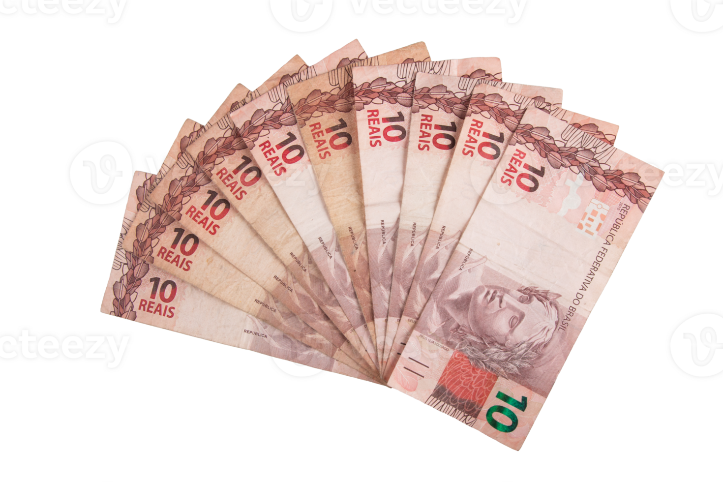 Brazilian money. A fanned array of 10 Brazilian Real bills. financial concepts png