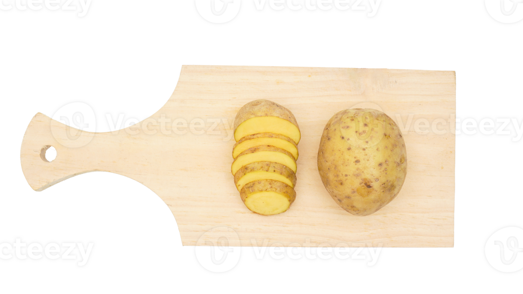 Slices of potato on wooden cutting board isolated on transparent background png