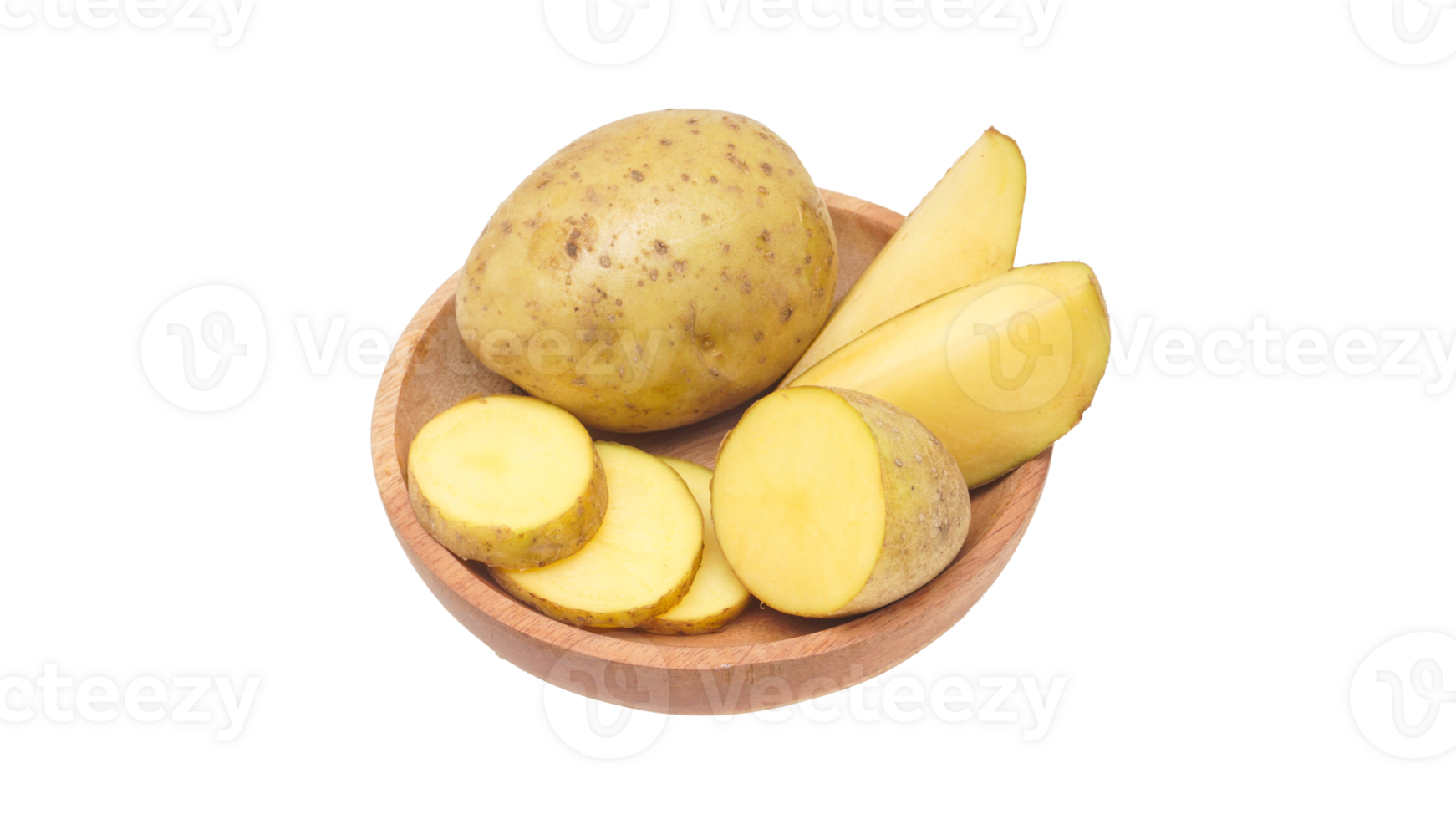 Set of potato on wooden plate isolated on transparent background png